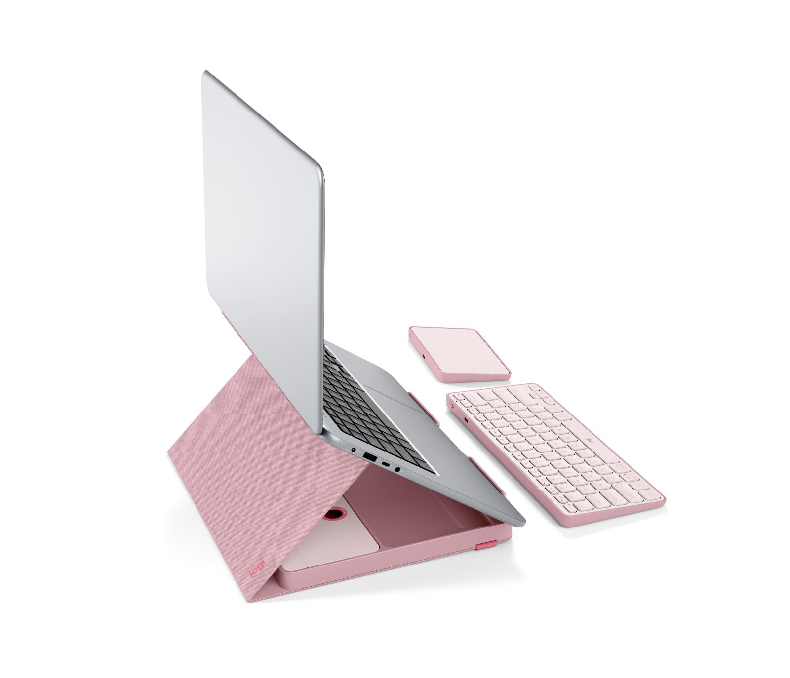 Image of CASA POP-UP DESK Foldaway kit with laptop stand, keyboard, touchpad and storage. - Bohemian Blush English
