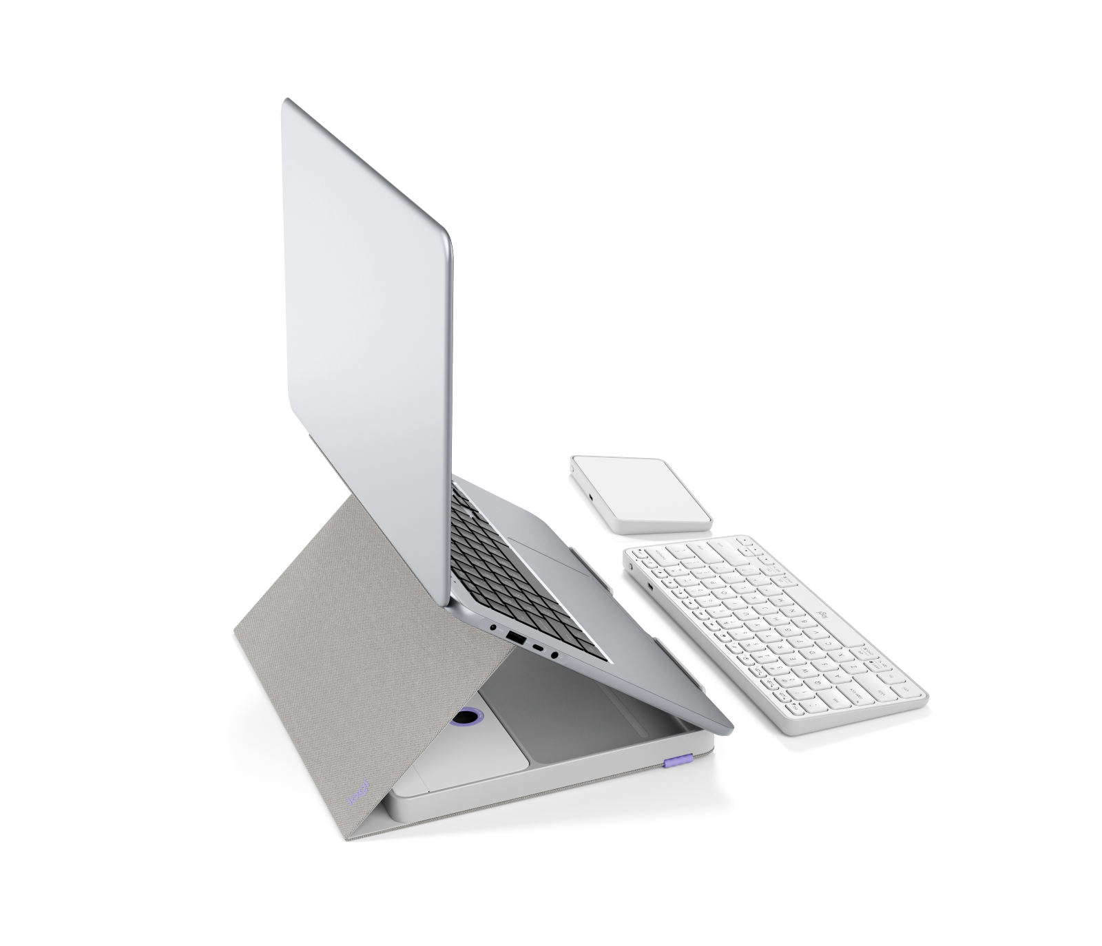 Image of CASA POP-UP DESK Foldaway kit with laptop stand, keyboard, touchpad and storage. - Nordic Calm English