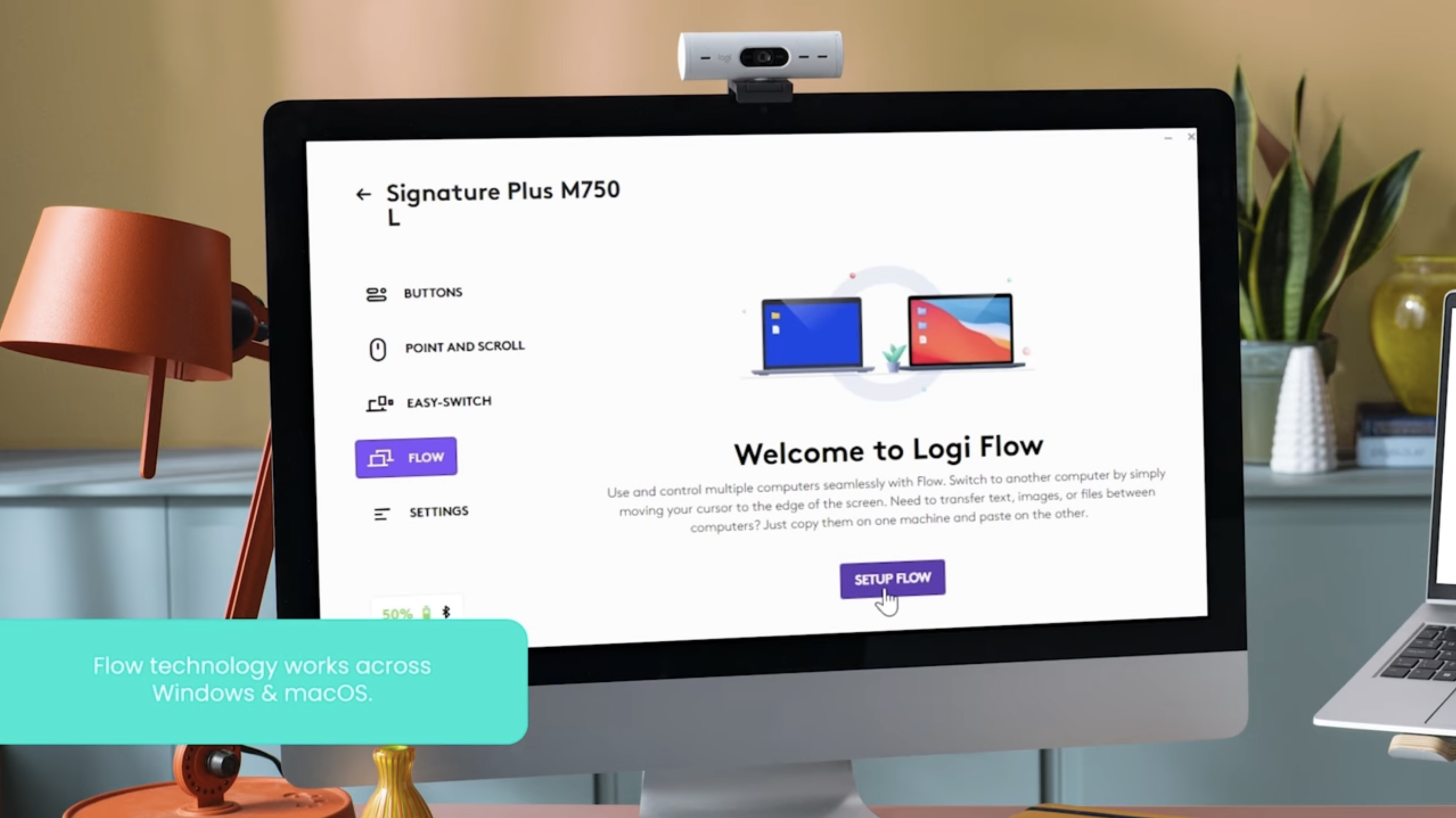 如何使用 Options+ 中的 Flow 功能,透過一個 Signature Plus M750 滑鼠控制多台電腦