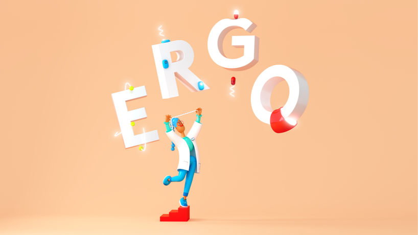 Animatie van een persoon die wordt omgeven door de letters van het woord ERGO