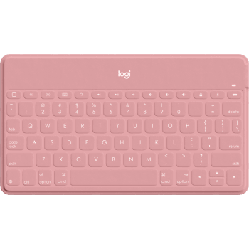 Keys-To-Go Ultra-light, ultra-portable Bluetooth keyboard that packs light and types comfortably. Compatible with iPhone, iPad, and Apple TV. - Blush Keyboard with White iPhone Stand English