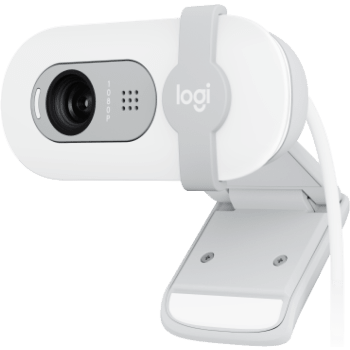 BRIO 100 Full HD 1080p webcam with auto-light balance, integrated privacy shutter, and built-in mic. - Off-White