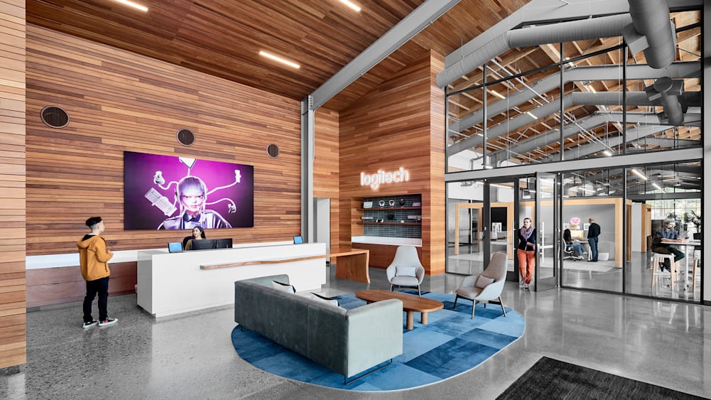A zoomed-out view of the lobby of the Logitech SVC headquarters.