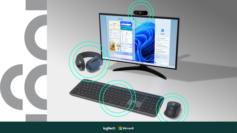 Windows 11 desktop with highlighted Logitech accessories: webcam, keyboard, two mice, and headphones.