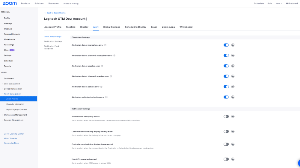 Screenshot der Zoom Room-Management-Software