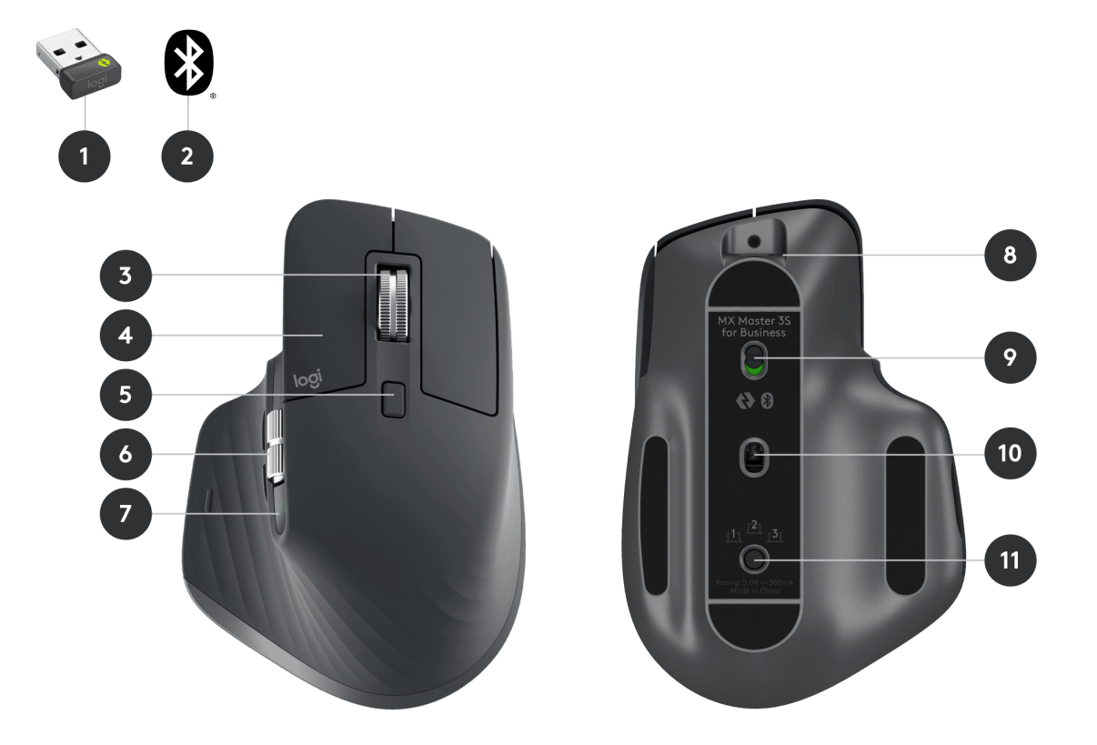 Logitech mx master 3s for business prikaz gumbov senzorja in povezave logi bolt
