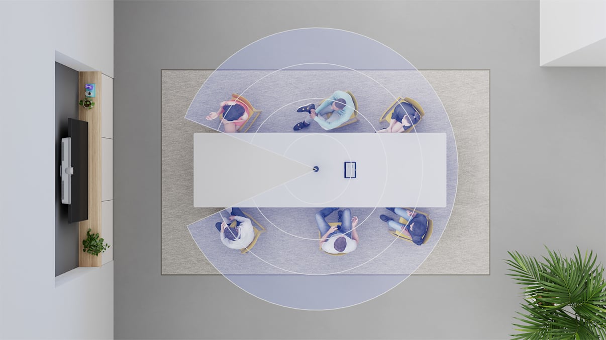 An overhead view of a conference room illustrates the 315-degree field of view of Logitech Sight.