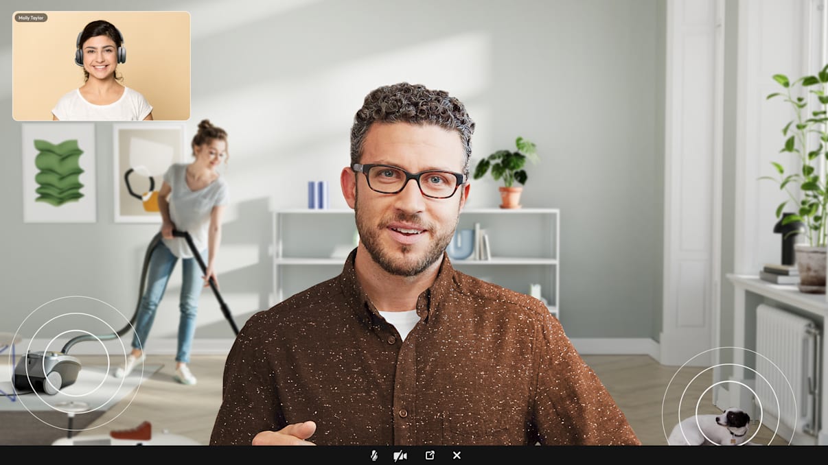 A first-person view of a Zoom meeting screen shows a male speaker with dog and vacuum noises that a Zone Wireless 2 headset can suppress.