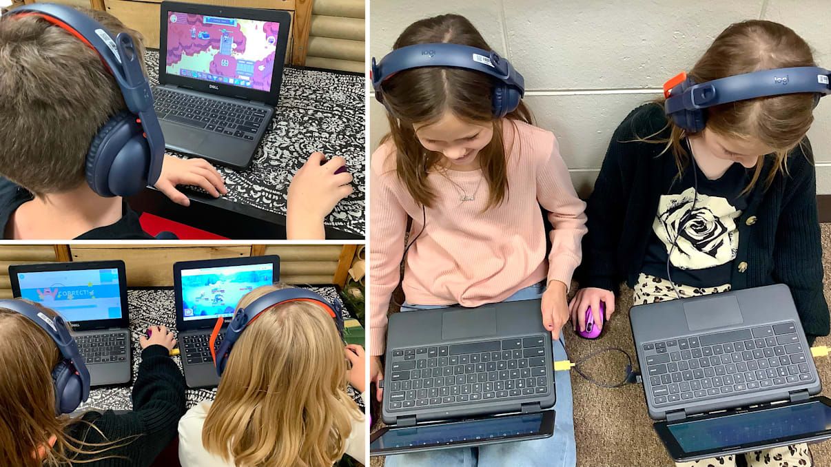 collage of students using logitech products