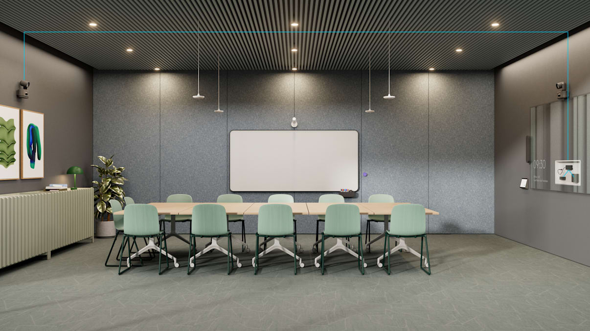 Conference room with table and chairs, a wall-mounted display, and two Logitech Rally AI Cameras in the room.
