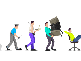 Ilustração da evolução do trabalho de um homem das cavernas para um funcionário no escritório