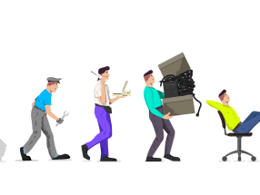 Illustration der Entwicklung der Arbeit vom Höhlenmenschen bis hin zum Büroangestellten