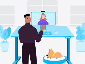 Ilustração de uma pessoa em uma reunião por vídeo em uma estação de trabalho