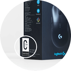 Bir Logitech oyun ürünü kutusunun yan tarafındaki karbon etiketleme