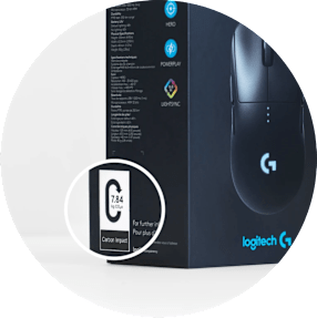 Étiquetage carbone sur le côté d’une boîte de produit de gaming Logitech