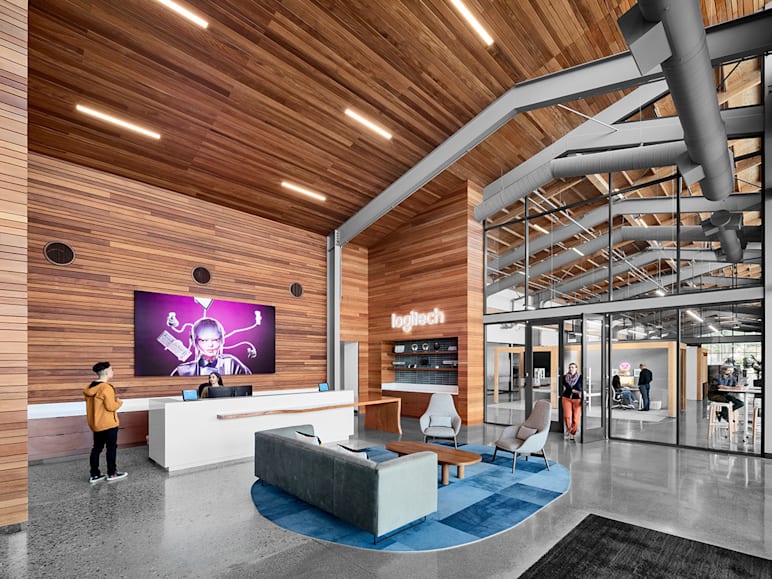 A zoomed-out view of the lobby of the Logitech SVC headquarters.