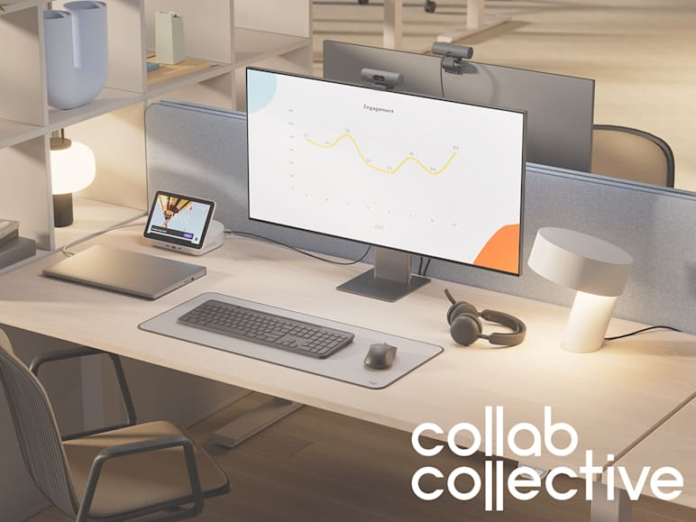 Logitech desktop setup including mouse, keyboard, webcam, and headset