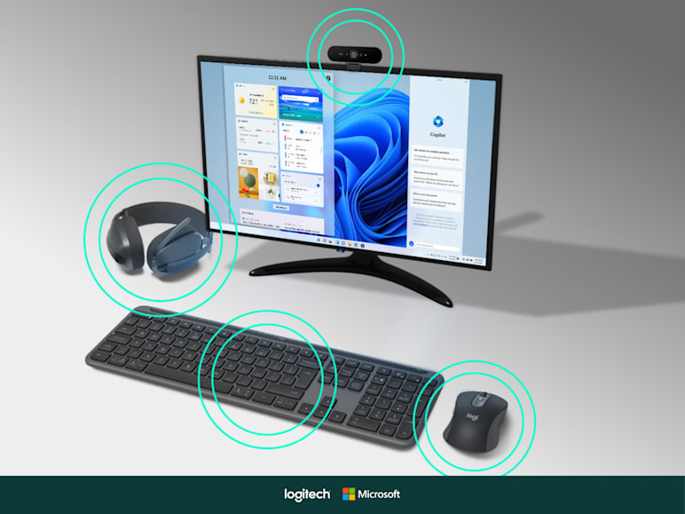 Windows 11 desktop with highlighted Logitech accessories: webcam, keyboard, two mice, and headphones.