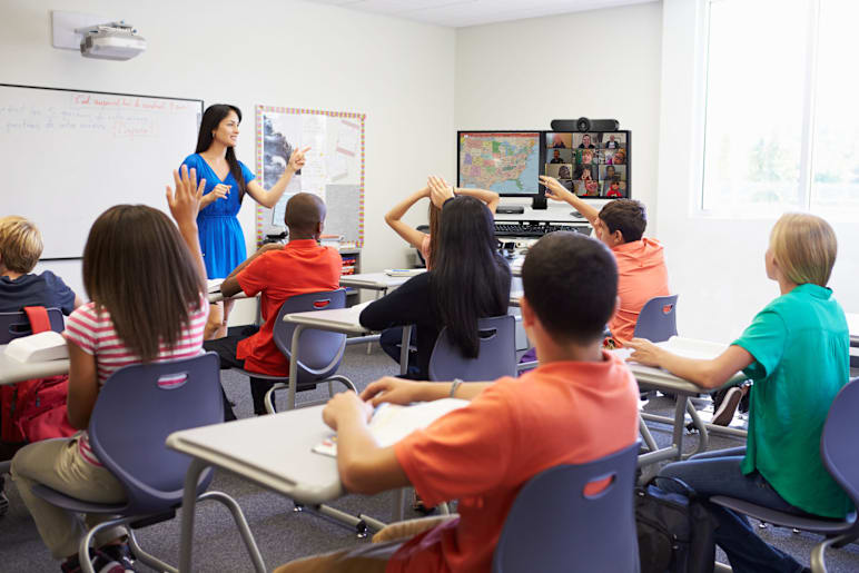 Hybrid classroom with logitech video conferencing equipment