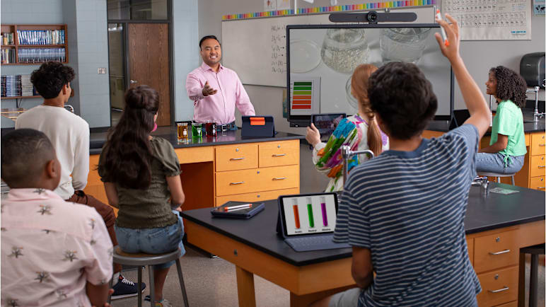 Science class using video conferencing equipment