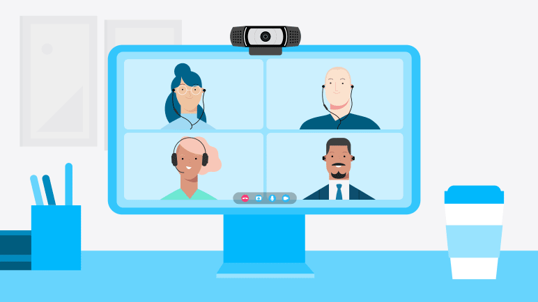 Illustration d’un écran avec une webcam dédiée utilisée lors d’une réunion vidéo