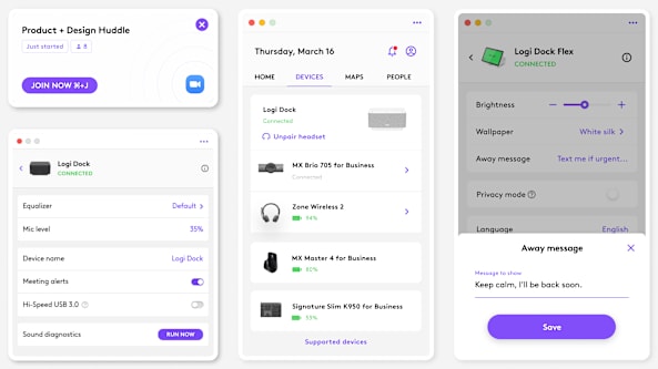 Logi Tune interface showing connected devices including Logi Dock, Logi Dock Flex, Zone Wireless 2, MX Brio 705, and MX Master 4 for Business.