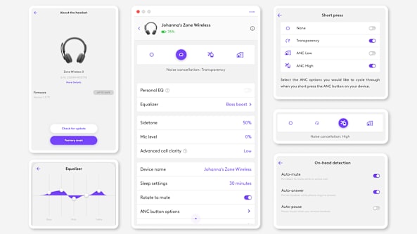 Logi Tune interface showing settings for Zone Wireless 2 headset, including noise cancellation, equalizer, mic level, and on-head detection.