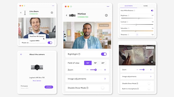 Logi Tune interface showing webcam settings for Logitech MX Brio 705 with brightness, contrast, zoom, and field of view adjustments.