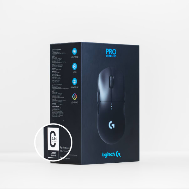 Carbon labelling on the side of a logitech gaming product box