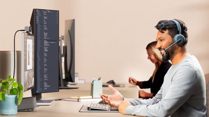 A man in a conference meeting in office space