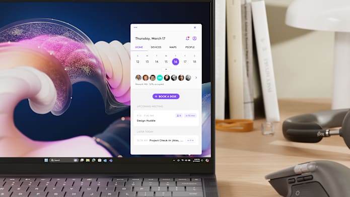 Laptop on a wooden desk showing Logi Tune interface with calendar view, desk booking option, and upcoming meeting schedule.