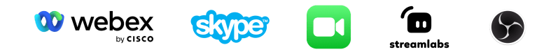 Logo von Webex, Skype, Facetime, Streamlabs und OBS